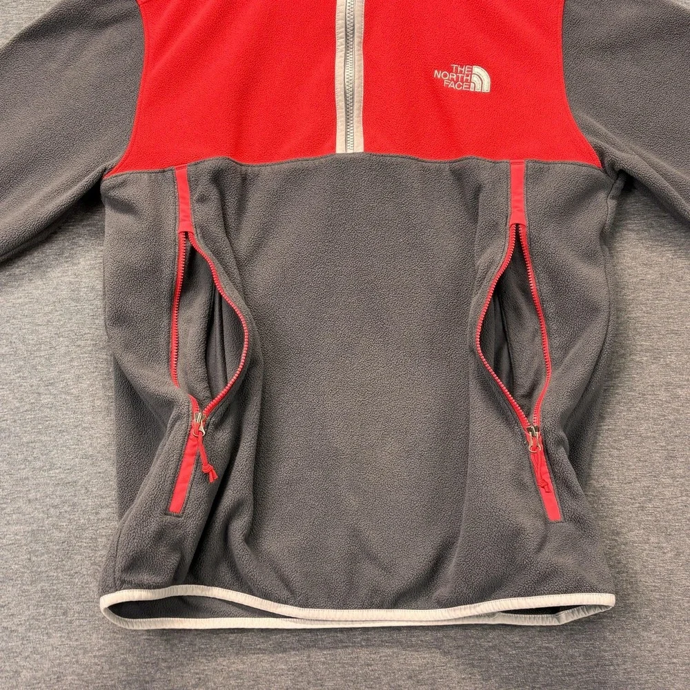 The North Face Jacket Mens Medium Gray Red‎ Fleece 1/4 Zip Pullover Pockets